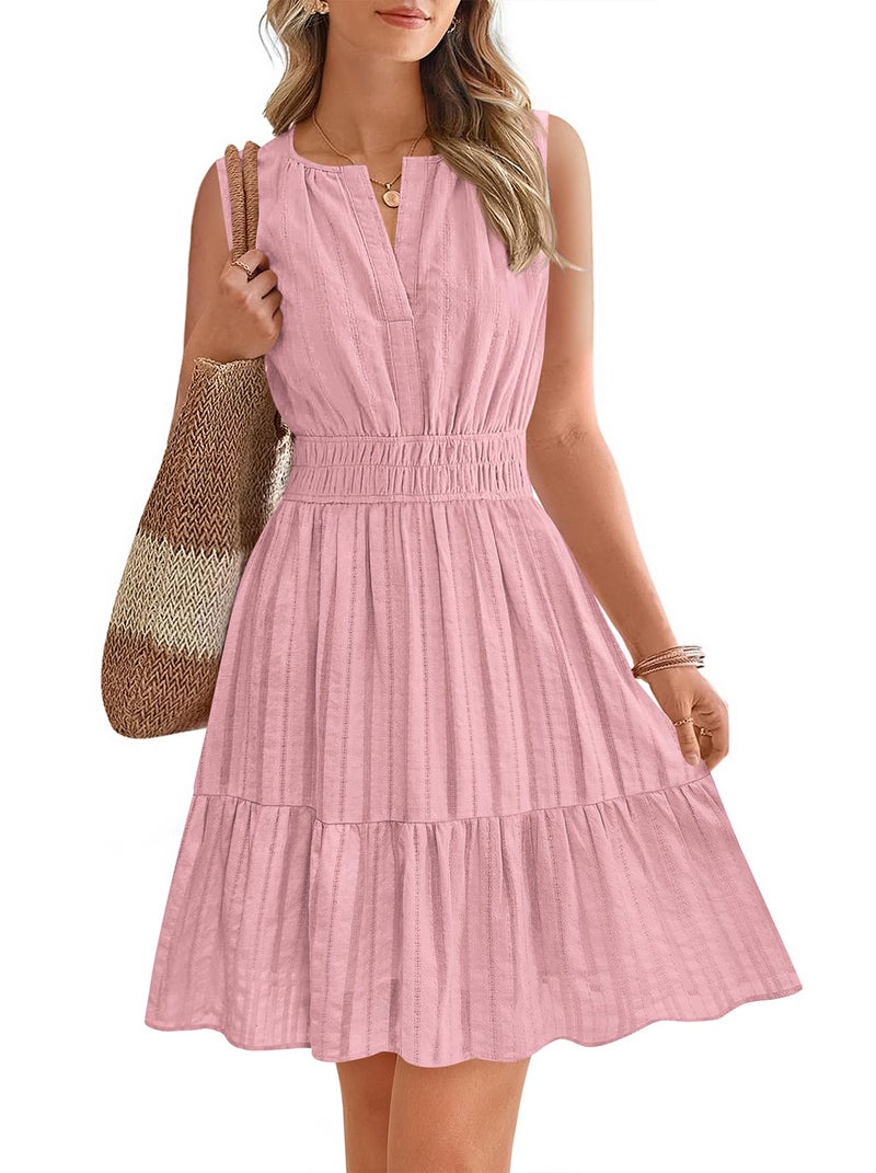 BTFBM Women’s Summer Dresses 2026 Sleeveless V Neck Casual Mini Dress Swing Boho A Line Beach Vacation Sundress Pockets(Pink, Small) - Image 1