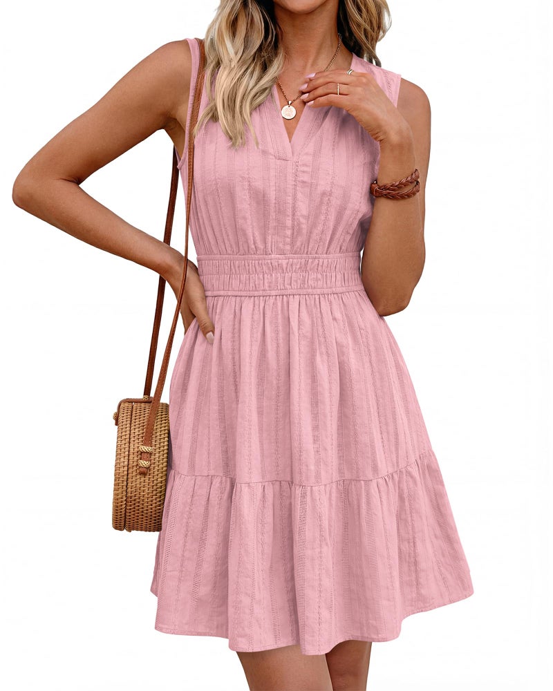 BTFBM Women’s Summer Dresses 2026 Sleeveless V Neck Casual Mini Dress Swing Boho A Line Beach Vacation Sundress Pockets(Pink, Small) - Image 5