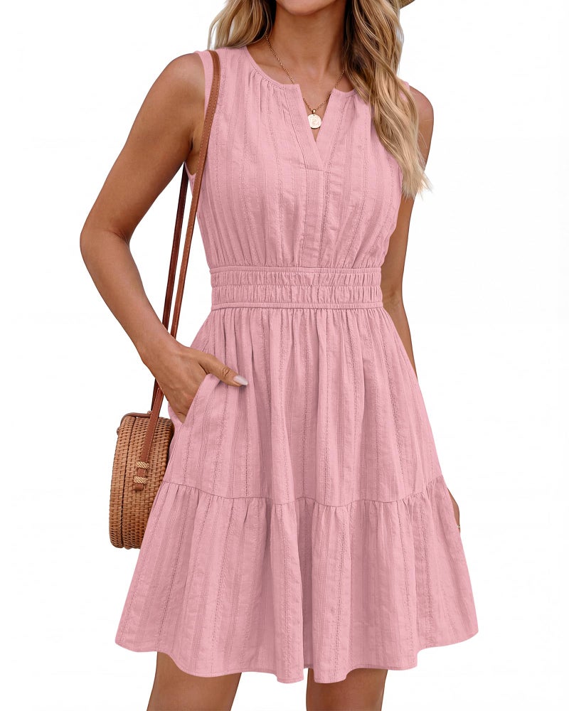 BTFBM Women’s Summer Dresses 2026 Sleeveless V Neck Casual Mini Dress Swing Boho A Line Beach Vacation Sundress Pockets(Pink, Small) - Image 3