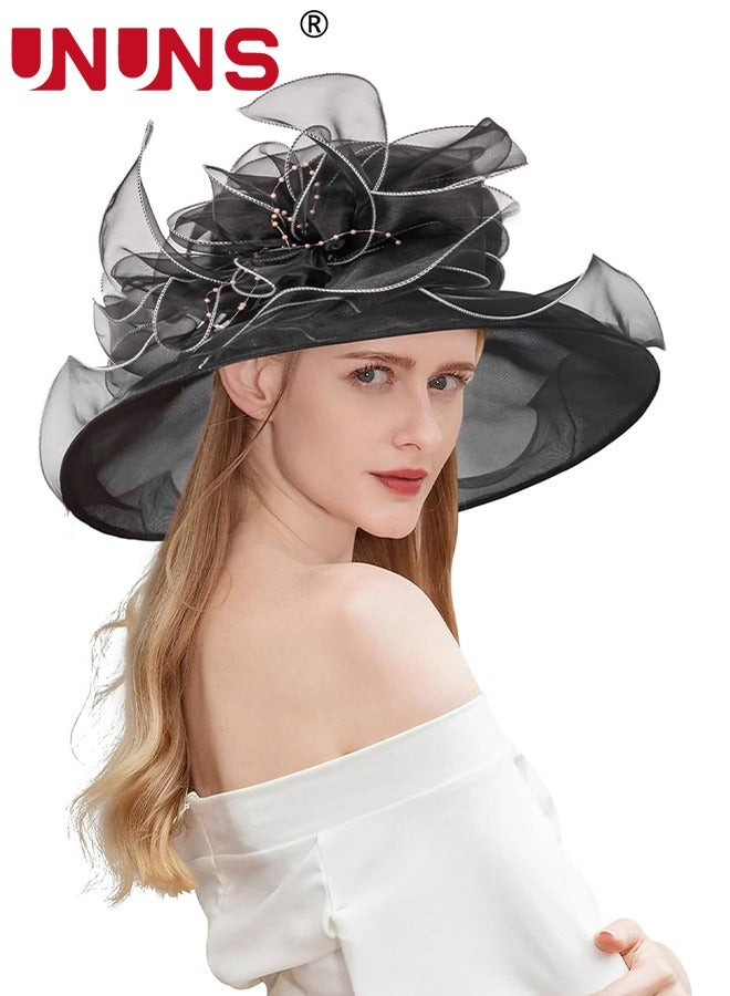 UNUNS Women Kentucky Derby Hats,Handmade Floral Design Women's Organza UV Protection Sun Hats,Foldable Wide-Brimmed Leaf Flower Hat - Image 5