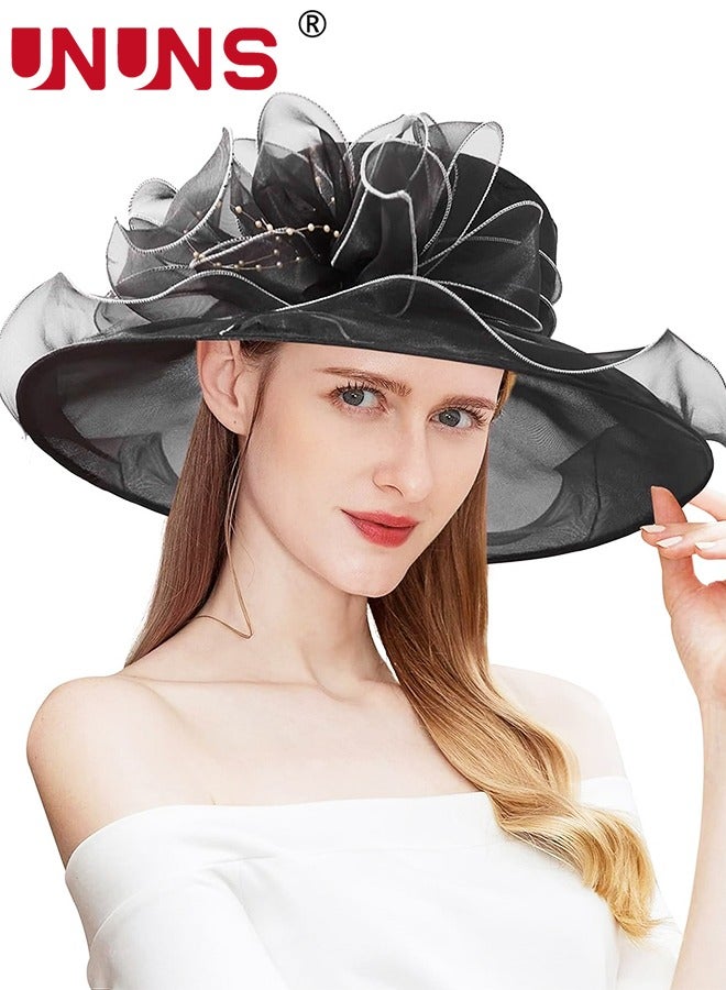 UNUNS Women Kentucky Derby Hats,Handmade Floral Design Women's Organza UV Protection Sun Hats,Foldable Wide-Brimmed Leaf Flower Hat - Image 1