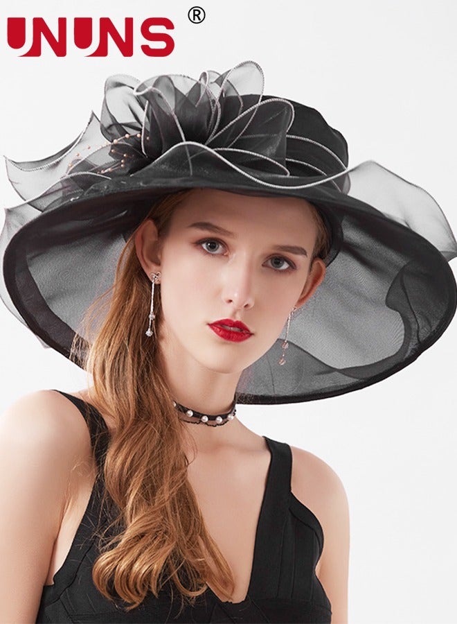 UNUNS Women Kentucky Derby Hats,Handmade Floral Design Women's Organza UV Protection Sun Hats,Foldable Wide-Brimmed Leaf Flower Hat - Image 2