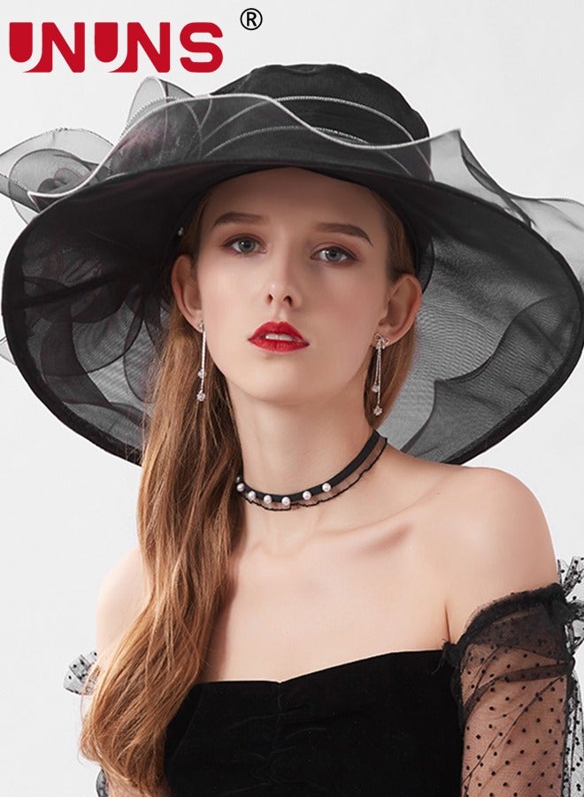 UNUNS Women Kentucky Derby Hats,Handmade Floral Design Women's Organza UV Protection Sun Hats,Foldable Wide-Brimmed Leaf Flower Hat - Image 4