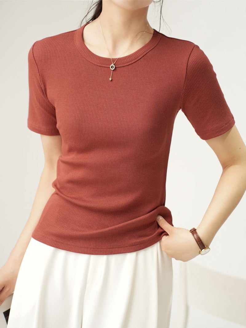 [Selection of Excellent Cotton] Mid-sleeve T-shirt Women's 2025 Summer New Round Neck Slim-fit All-match Short-sleeve Top Base Shirt - Image 3