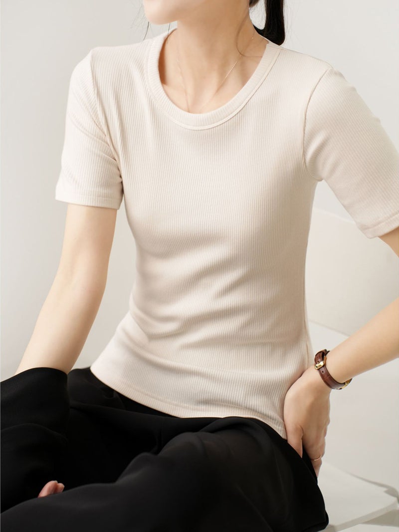 [Selection of Excellent Cotton] Mid-sleeve T-shirt Women's 2025 Summer New Round Neck Slim-fit All-match Short-sleeve Top Base Shirt - Image 4