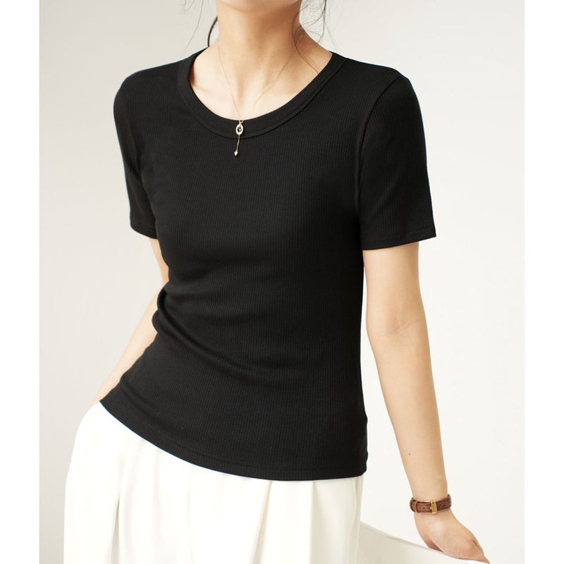 [Selection of Excellent Cotton] Mid-sleeve T-shirt Women's 2025 Summer New Round Neck Slim-fit All-match Short-sleeve Top Base Shirt - Image 1