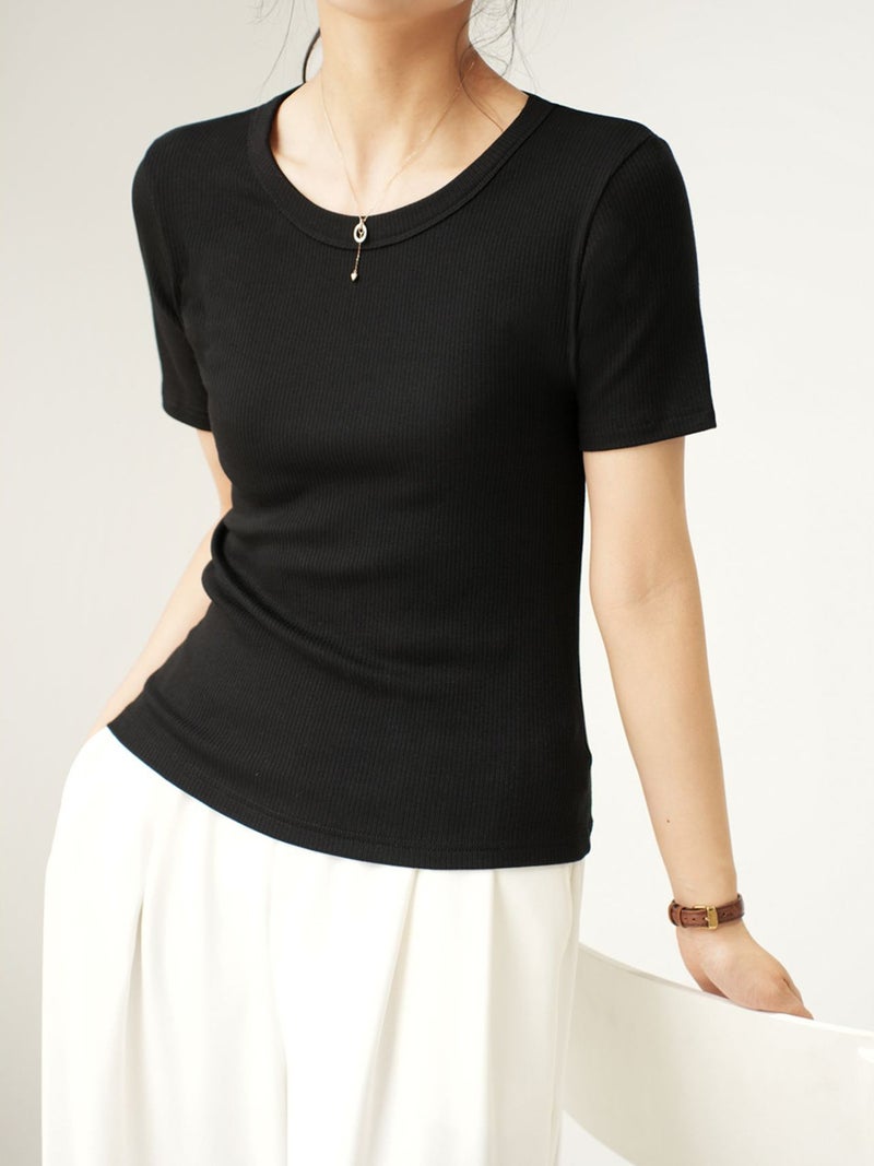 [Selection of Excellent Cotton] Mid-sleeve T-shirt Women's 2025 Summer New Round Neck Slim-fit All-match Short-sleeve Top Base Shirt - Image 5
