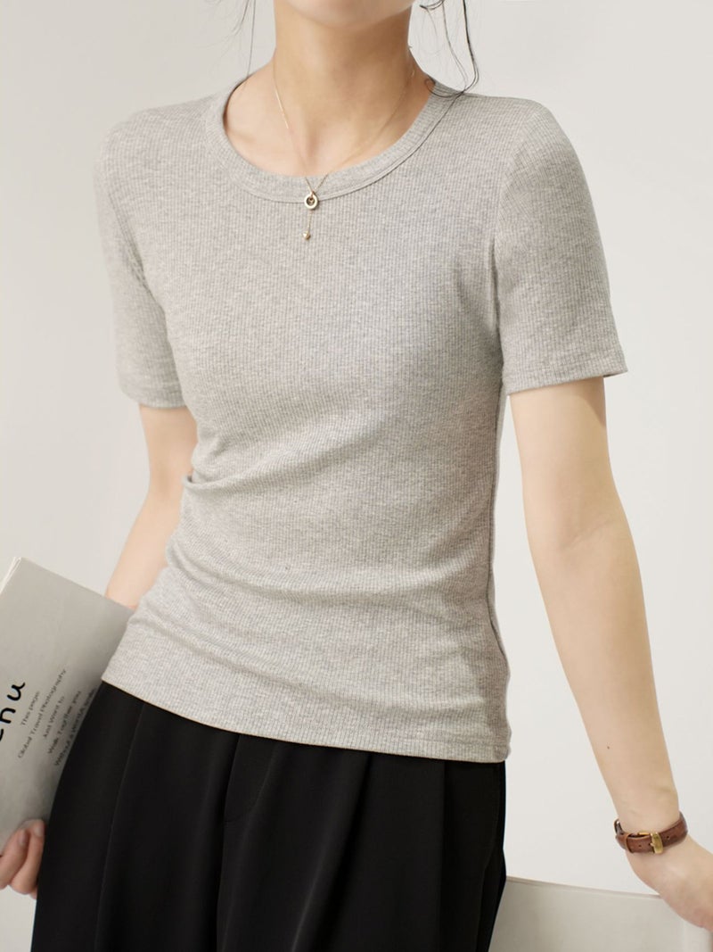 [Selection of Excellent Cotton] Mid-sleeve T-shirt Women's 2025 Summer New Round Neck Slim-fit All-match Short-sleeve Top Base Shirt - Image 2