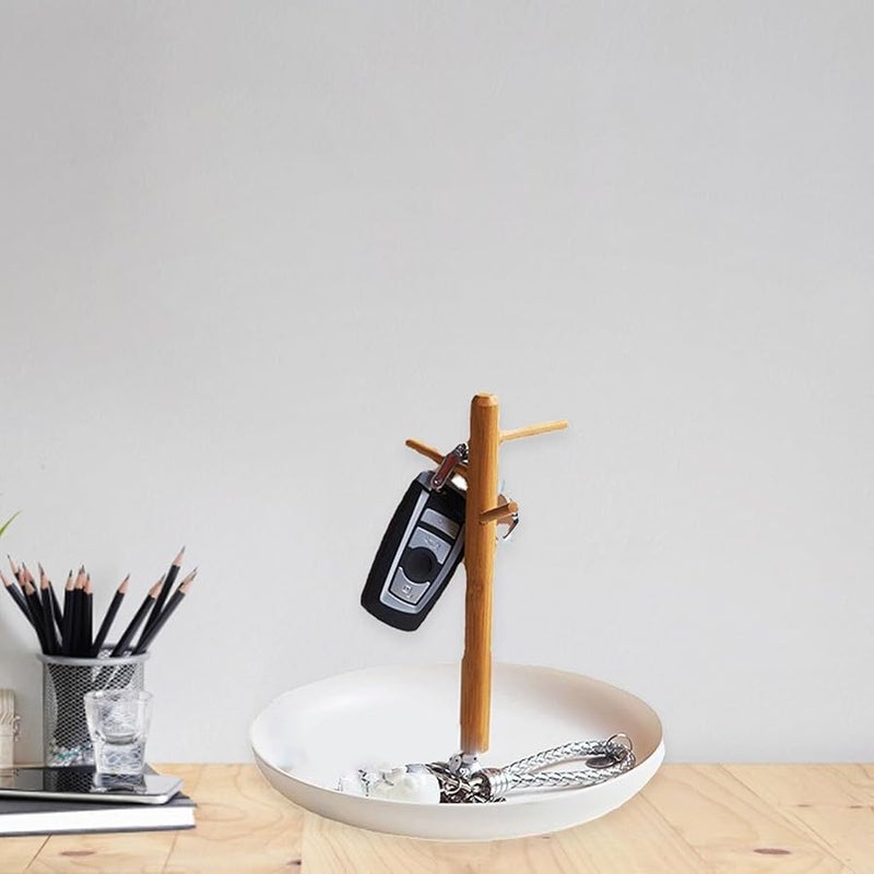 White Entryway Key Holder Stand With 3 Tiers Hooks Storage Shelf And Jewelry Organizer Tray - Image 5