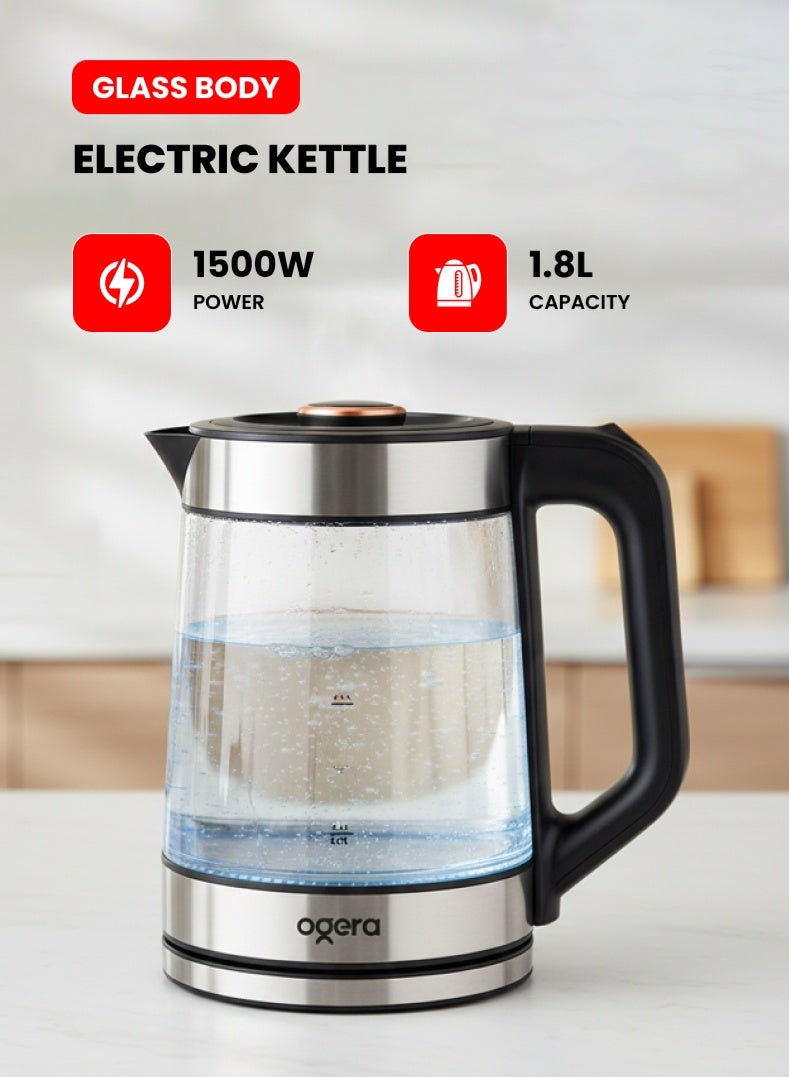 أوجيرا غلاية كهربائية بهيكل زجاجي 1.8 لتر 1500 واط | تسخين سريع للماء | تصميم زجاجي شفاف | إيقاف تلقائي وحماية من التشغيل الجاف | مقبض مريح | OG1518EK أسود/فضي - Image 1