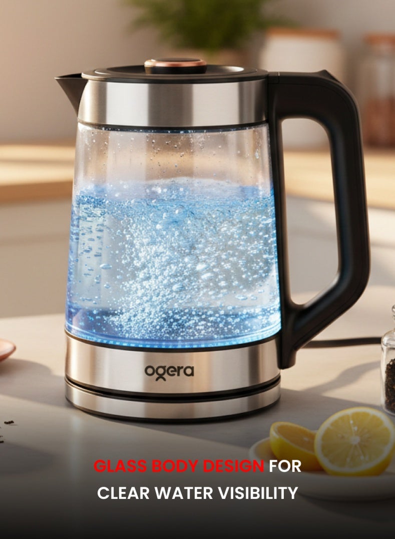 أوجيرا غلاية كهربائية بهيكل زجاجي 1.8 لتر 1500 واط | تسخين سريع للماء | تصميم زجاجي شفاف | إيقاف تلقائي وحماية من التشغيل الجاف | مقبض مريح | OG1518EK أسود/فضي - Image 3