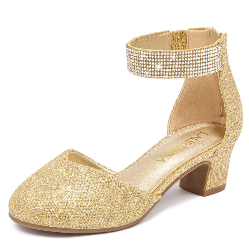 LAURMOSA Girls Dress Shoes Size 3 Rhinestone Heels Flower Girl Gold Shoes for Girls High Heels for Kids Sparkly Flats Closed Toe Ankle Strap Chunky Fancy Pumps Big Kids Wedding Party (L1053GlGold 3) - Image 1