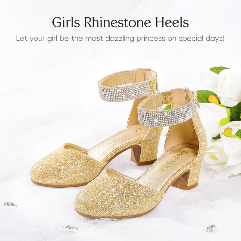 LAURMOSA Girls Dress Shoes Size 3 Rhinestone Heels Flower Girl Gold Shoes for Girls High Heels for Kids Sparkly Flats Closed Toe Ankle Strap Chunky Fancy Pumps Big Kids Wedding Party (L1053GlGold 3) - Image 4