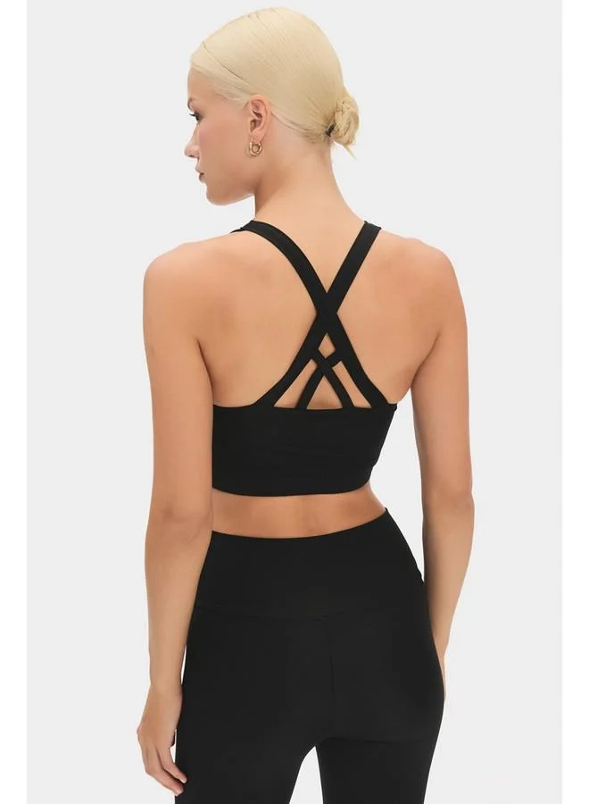 JUNE June Women Halter Neck Anthracite Lightly Supported Back Detailed Covered Sports Bra Black