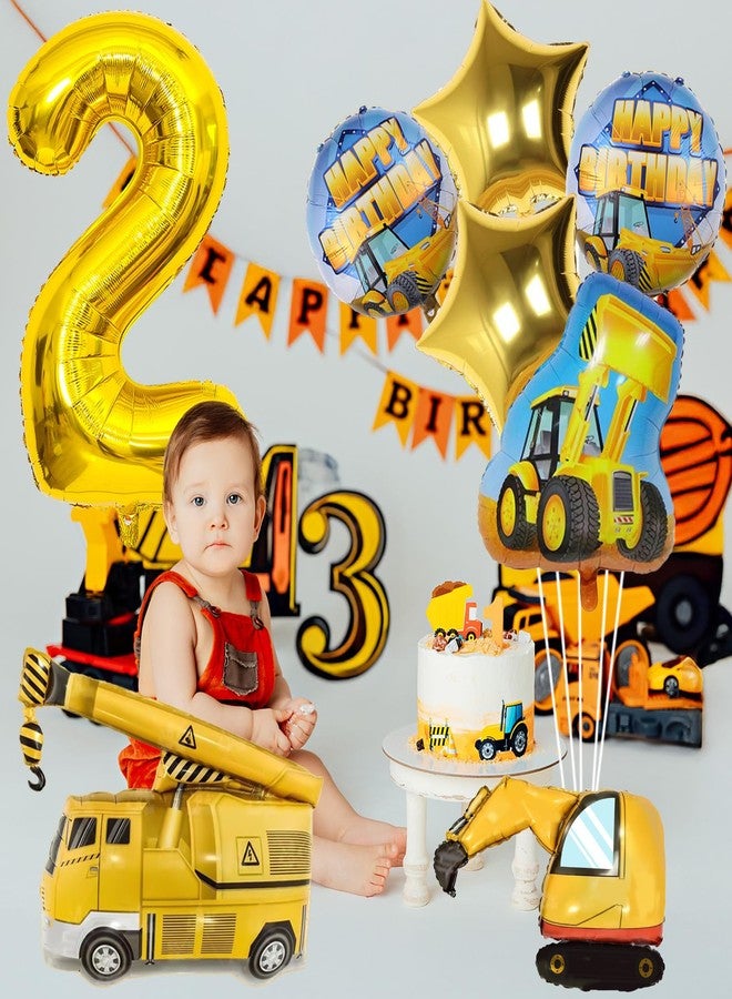 Teslite Construction 2nd Birthday Party Supplies, 9Pcs Construction Balloons Set with Gold Number 2 Balloon 2 year Old, Large Construction Truck Mylar Foil Balloon for Boys 2nd Birthday Party Decorations - Image 5