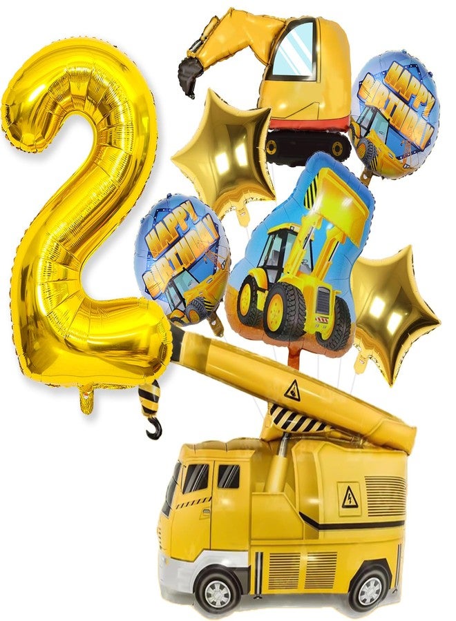 Teslite Construction 2nd Birthday Party Supplies, 9Pcs Construction Balloons Set with Gold Number 2 Balloon 2 year Old, Large Construction Truck Mylar Foil Balloon for Boys 2nd Birthday Party Decorations - Image 1