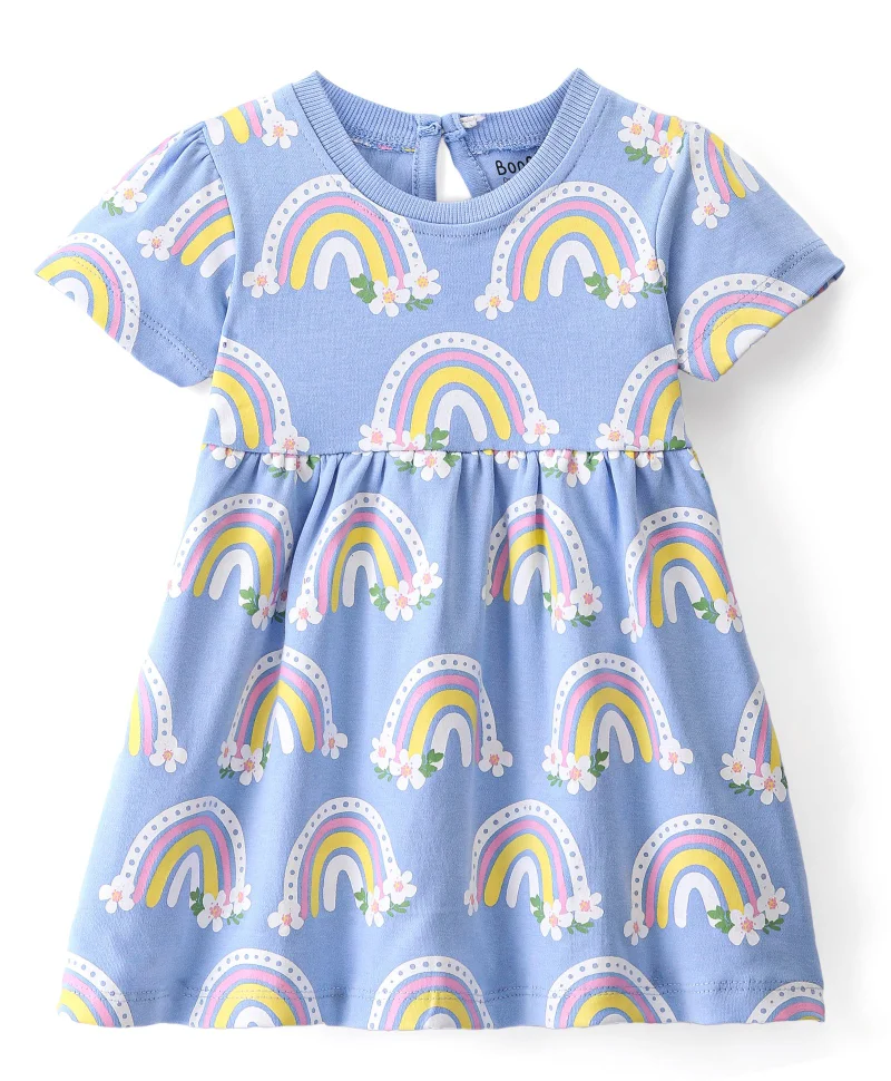 Bonfino Bonfino 100% Cotton Knit Half   Sleeves Frock With Bloomer Rainbow Print - Blue