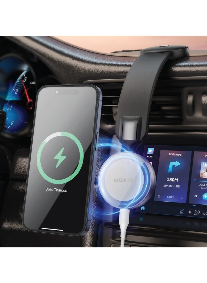 Flexi Mag Pro Car Phone Holder With 15W Wireless Charging / ABS + PC Material / Easy Installation / Flexible Design / Type-C Connector Port / 360° Rotation / Strong 3m Glue / MagSafe Compatible / x16 N52 Magnets - Black