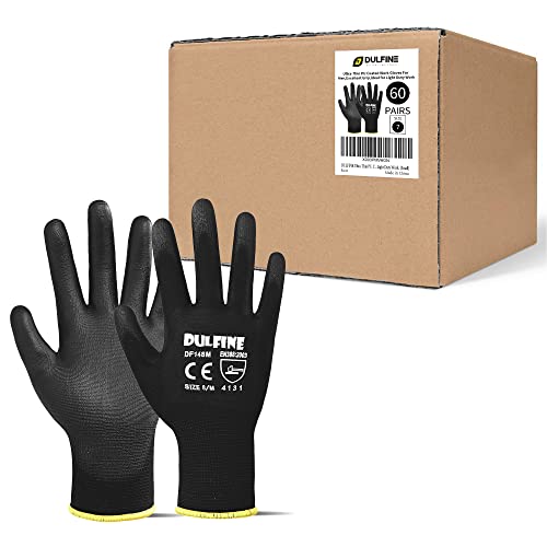 DULFINE UltraThin PU Coated Work Gloves60 PairsExcellent GripNylon Shell Black Polyurethane Coated Safety Work Gloves Knit Wrist CuffIdeal for Light Duty Work Large