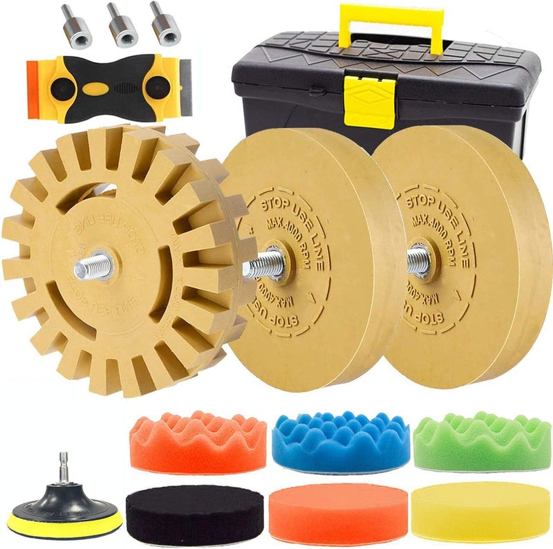 GOH DODD Decal Adhesive Remover, 4 Inch Eraser Rubber Wheel Car Trunk Sticker Remover with Polishing Pad Wool Buffing Pad and Plastic Razor Blades, 12 Pieces - Image 1