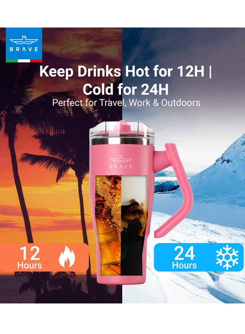 بريف تمب غارد تمبلر 950ml - 18/8 ستانلس ستيل ترافل مج، ثيرمل كوفي كب، 2-in-1 ليك بروف ليد وذ سترو & روتيتنغ هاندل، إنسوليتد هوت & كولد بيفرج مج، كار كب هولدر كومباتبل، ديوربل ريوزبل كوفي ترافل مج (روز رد) - Image 2