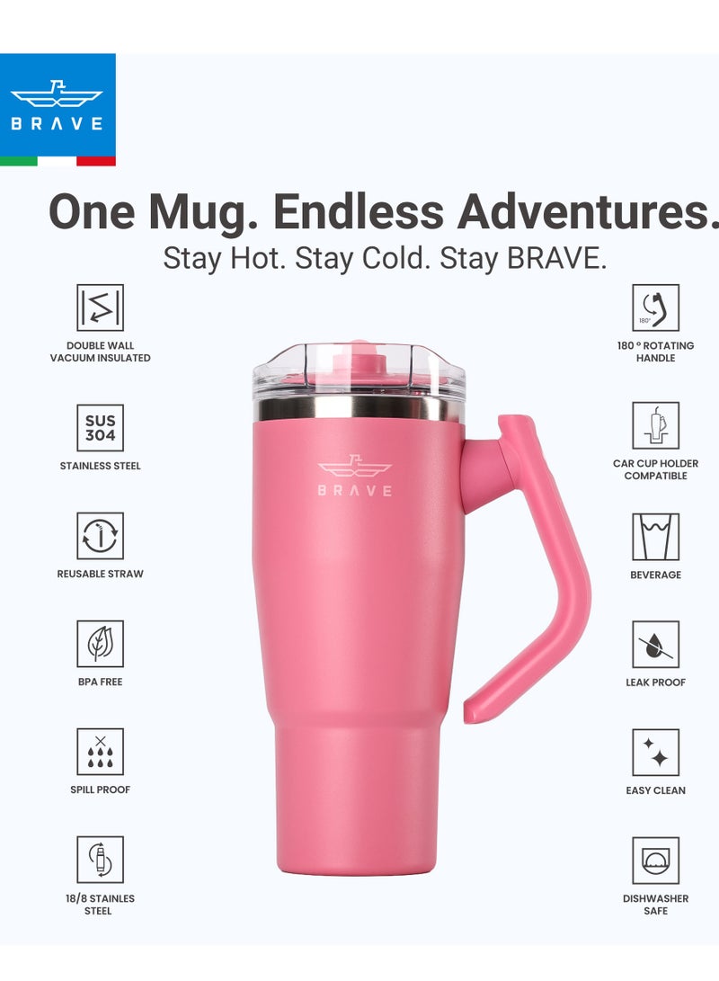 بريف تمب غارد تمبلر 950ml - 18/8 ستانلس ستيل ترافل مج، ثيرمل كوفي كب، 2-in-1 ليك بروف ليد وذ سترو & روتيتنغ هاندل، إنسوليتد هوت & كولد بيفرج مج، كار كب هولدر كومباتبل، ديوربل ريوزبل كوفي ترافل مج (روز رد) - Image 3