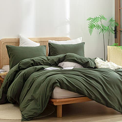 BESTOUCH Duvet Cover Set 100% Washed Cotton Linen Feel Super Soft Comfortable Chic Lightweight 3 PCs Home Bedding Set Olive Green Queen - Image 4