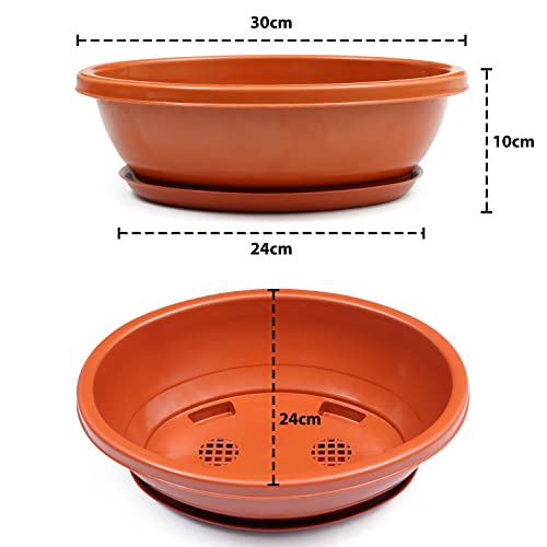 Livzing 12inch Pack of 5 Bonsai Flower Pot with Tray - Virgin Planter Pots with Drain Holes – Indoor Outdoor Balcony Gardening Pots - Oval Shaped Grow Pots for Plants - Black - Image 2