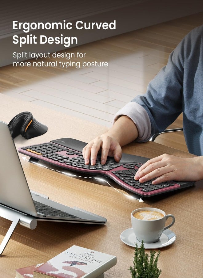 ProtoArc Backlit Wireless Ergonomic Keyboard, EK01 Plus Full Size Ergo Keyboard with Wrist Rest, Split Design, Rechargeable, Bluetooth and USB, Natural Typing for Windows/Mac/Android, Wine Red - Image 5