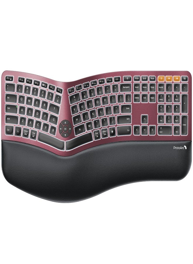 ProtoArc Backlit Wireless Ergonomic Keyboard, EK01 Plus Full Size Ergo Keyboard with Wrist Rest, Split Design, Rechargeable, Bluetooth and USB, Natural Typing for Windows/Mac/Android, Wine Red - Image 1