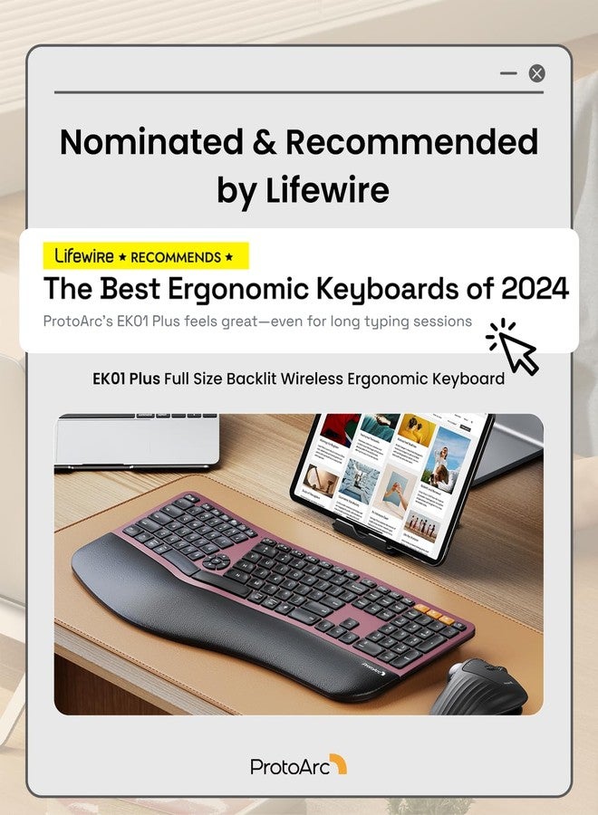 ProtoArc Backlit Wireless Ergonomic Keyboard, EK01 Plus Full Size Ergo Keyboard with Wrist Rest, Split Design, Rechargeable, Bluetooth and USB, Natural Typing for Windows/Mac/Android, Wine Red - Image 2