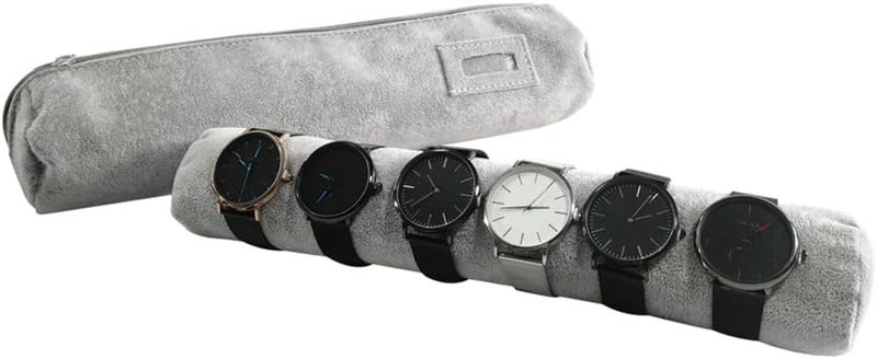 SCIKHEFT Bracelet Bangle Watch Roll Travel Pouch Jewelry Organizer, Black Gray Velvet Portable Zipper Pouch with Removable Roll Insert for Standard Size 12.5" W x 2.8" Diameter. (All Gray) - Image 3