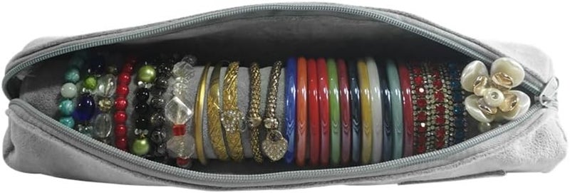 SCIKHEFT Bracelet Bangle Watch Roll Travel Pouch Jewelry Organizer, Black Gray Velvet Portable Zipper Pouch with Removable Roll Insert for Standard Size 12.5" W x 2.8" Diameter. (All Gray) - Image 5