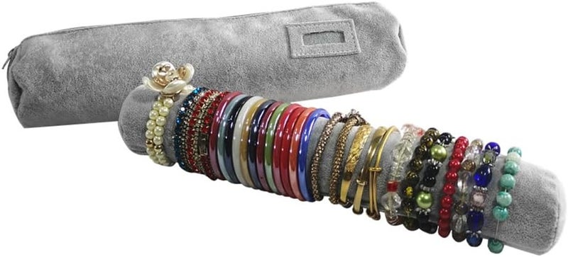 SCIKHEFT Bracelet Bangle Watch Roll Travel Pouch Jewelry Organizer, Black Gray Velvet Portable Zipper Pouch with Removable Roll Insert for Standard Size 12.5" W x 2.8" Diameter. (All Gray) - Image 2