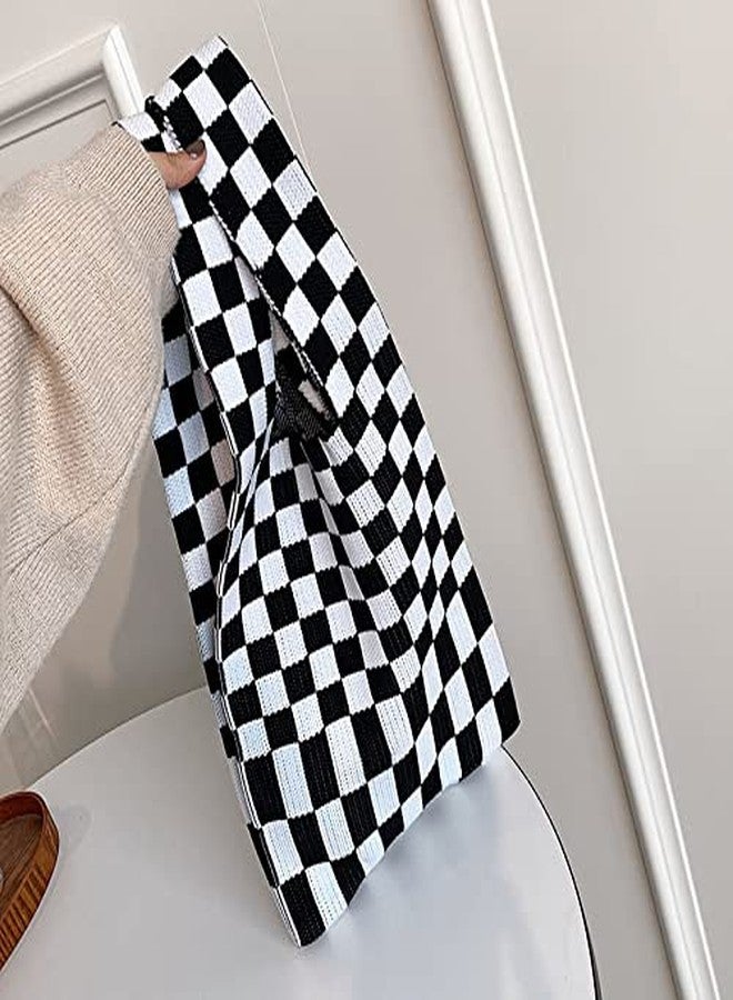 Shapes Studio Checker Black & White Checkered Checkboard Tote Bag (Black White), Women Ribbed Market Bag, Fun Style - Image 2