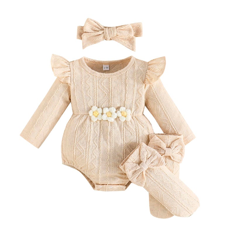 Kunyeah 3Pcs Baby Girl Outfits Infant Ruffle Romper Long Sleeve Bodysuit+Bow Hairband+Socks Newborn Flower Jumpsuit (Beige, 0-3 Months) - Image 1