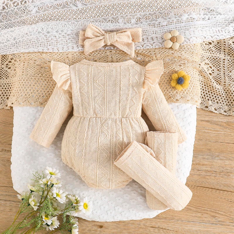 Kunyeah 3Pcs Baby Girl Outfits Infant Ruffle Romper Long Sleeve Bodysuit+Bow Hairband+Socks Newborn Flower Jumpsuit (Beige, 0-3 Months) - Image 5