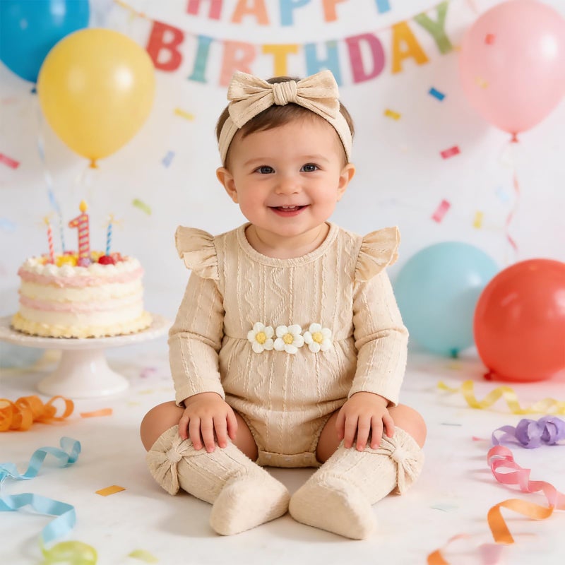 Kunyeah 3Pcs Baby Girl Outfits Infant Ruffle Romper Long Sleeve Bodysuit+Bow Hairband+Socks Newborn Flower Jumpsuit (Beige, 0-3 Months) - Image 2