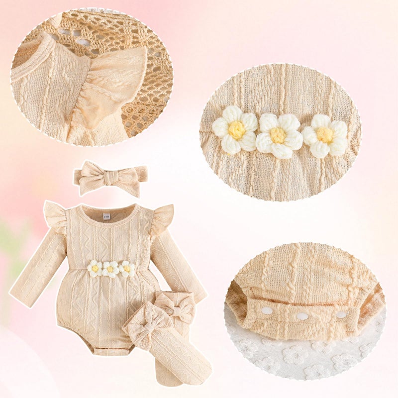 Kunyeah 3Pcs Baby Girl Outfits Infant Ruffle Romper Long Sleeve Bodysuit+Bow Hairband+Socks Newborn Flower Jumpsuit (Beige, 0-3 Months) - Image 4