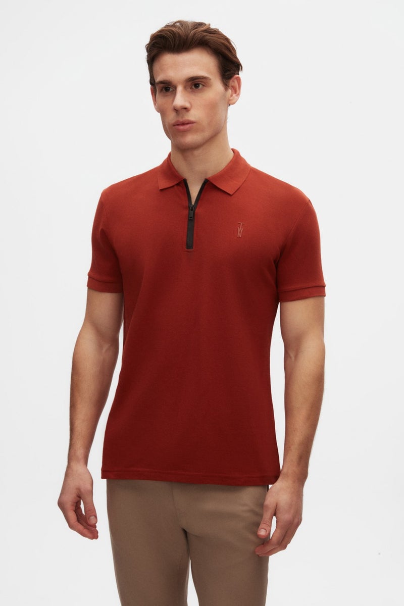 twn Slim Fit Tile Pique Textured Half Zipper Polo Neck T-Shirt 4EC14ORTFRPLO  - Image 1