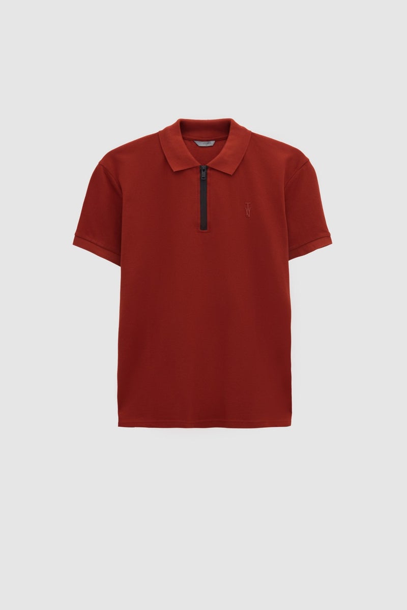 twn Slim Fit Tile Pique Textured Half Zipper Polo Neck T-Shirt 4EC14ORTFRPLO  - Image 5