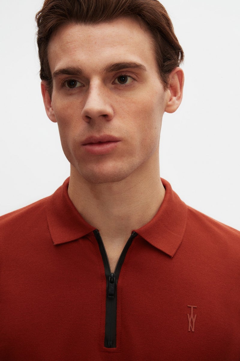 twn Slim Fit Tile Pique Textured Half Zipper Polo Neck T-Shirt 4EC14ORTFRPLO  - Image 2