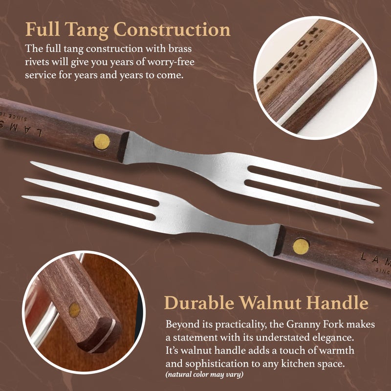 Lamson 7" Granny Fork with 3-Tines - High-Carbon Stainless Steel Forks, Riveted Walnut Handle - Versatile Kitchen Dinner utensil for Meat, Vegetables - Handcrafted in USA - Image 5