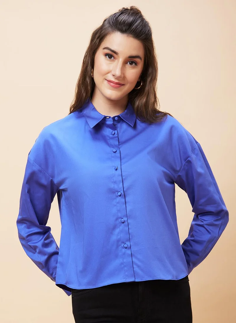 globus Globus Women Blue Pure Cotton Shirt Style Top