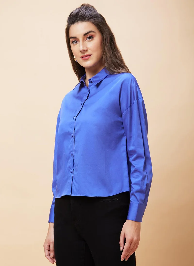 globus Globus Women Blue Pure Cotton Shirt Style Top