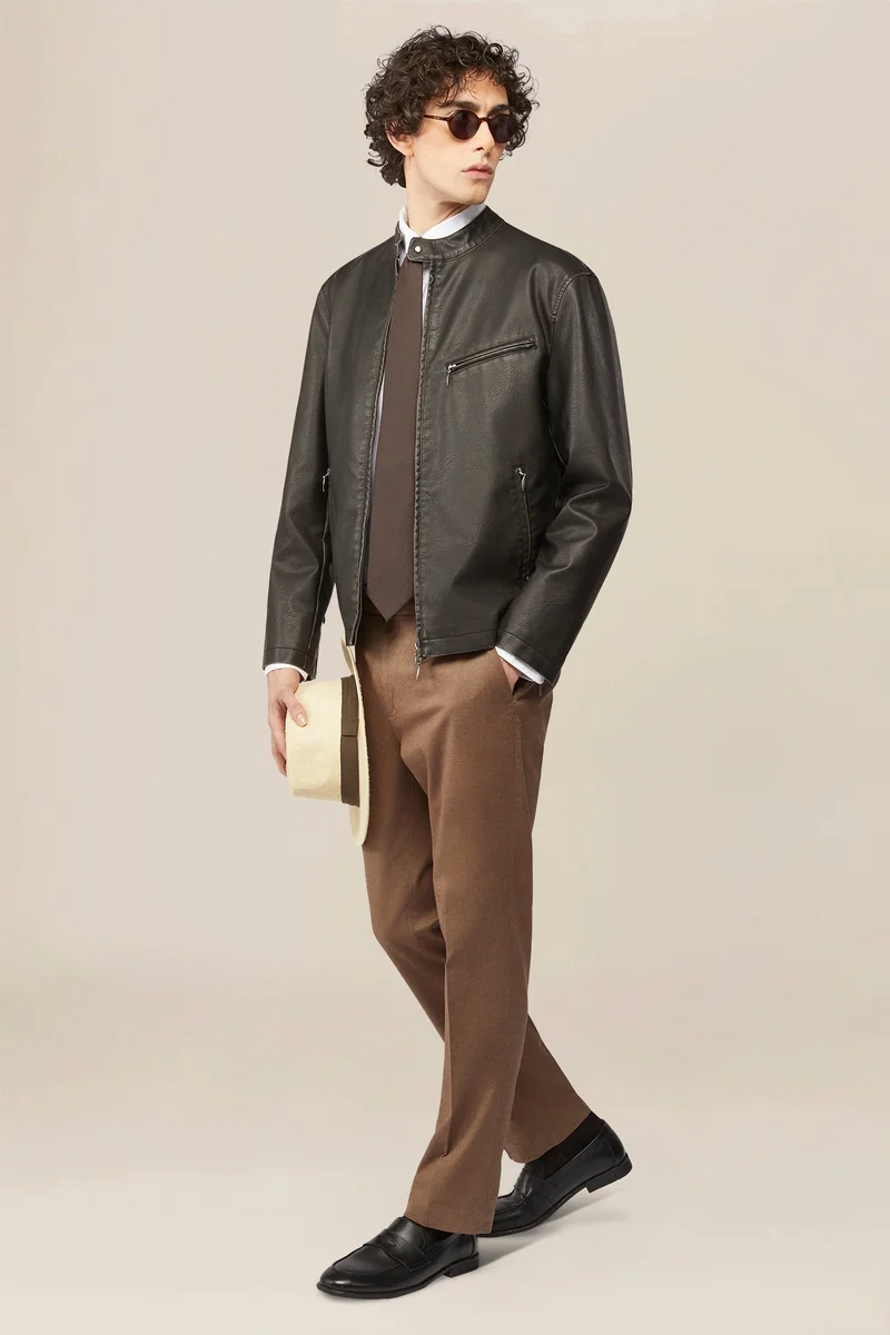 Doppelganger Men's faux leather biker jacket, lined, regular fit - DK Brown