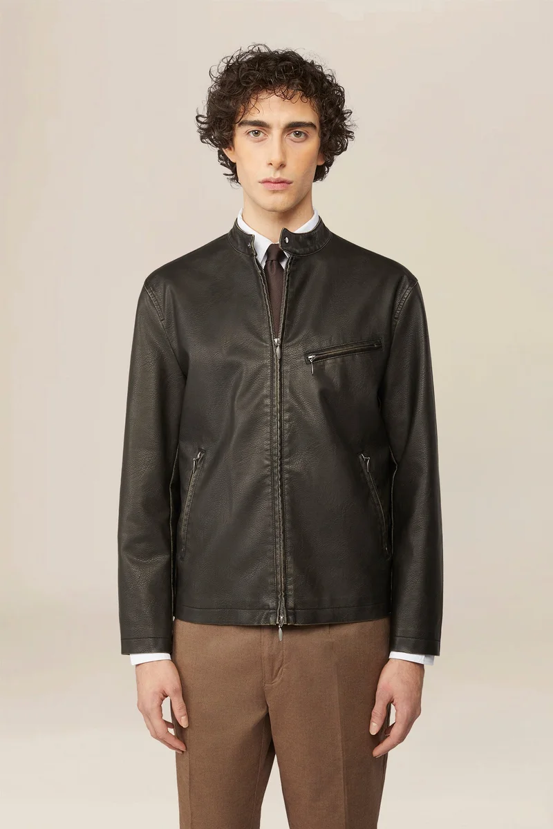 Doppelganger Men's faux leather biker jacket, lined, regular fit - DK Brown