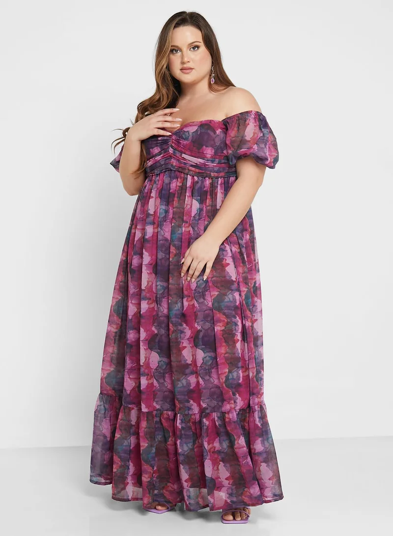 Anaya with Love Curve Printed Puff Sleeve Bardot Dress