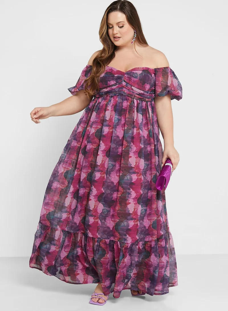 Anaya with Love Curve Printed Puff Sleeve Bardot Dress