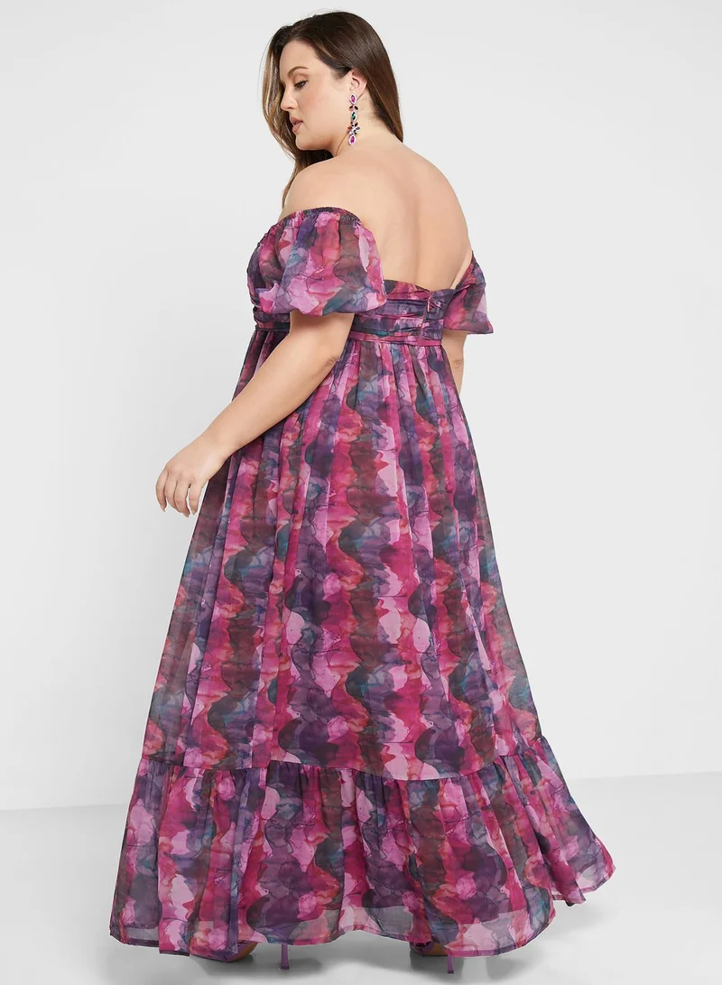 Anaya with Love Curve Printed Puff Sleeve Bardot Dress